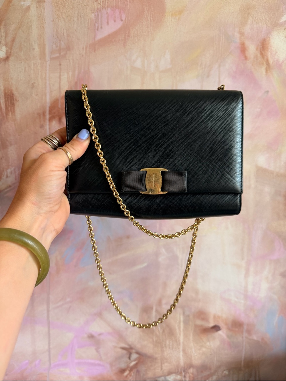 Black Leather Chain Crossbody Bag with Gold Hardware